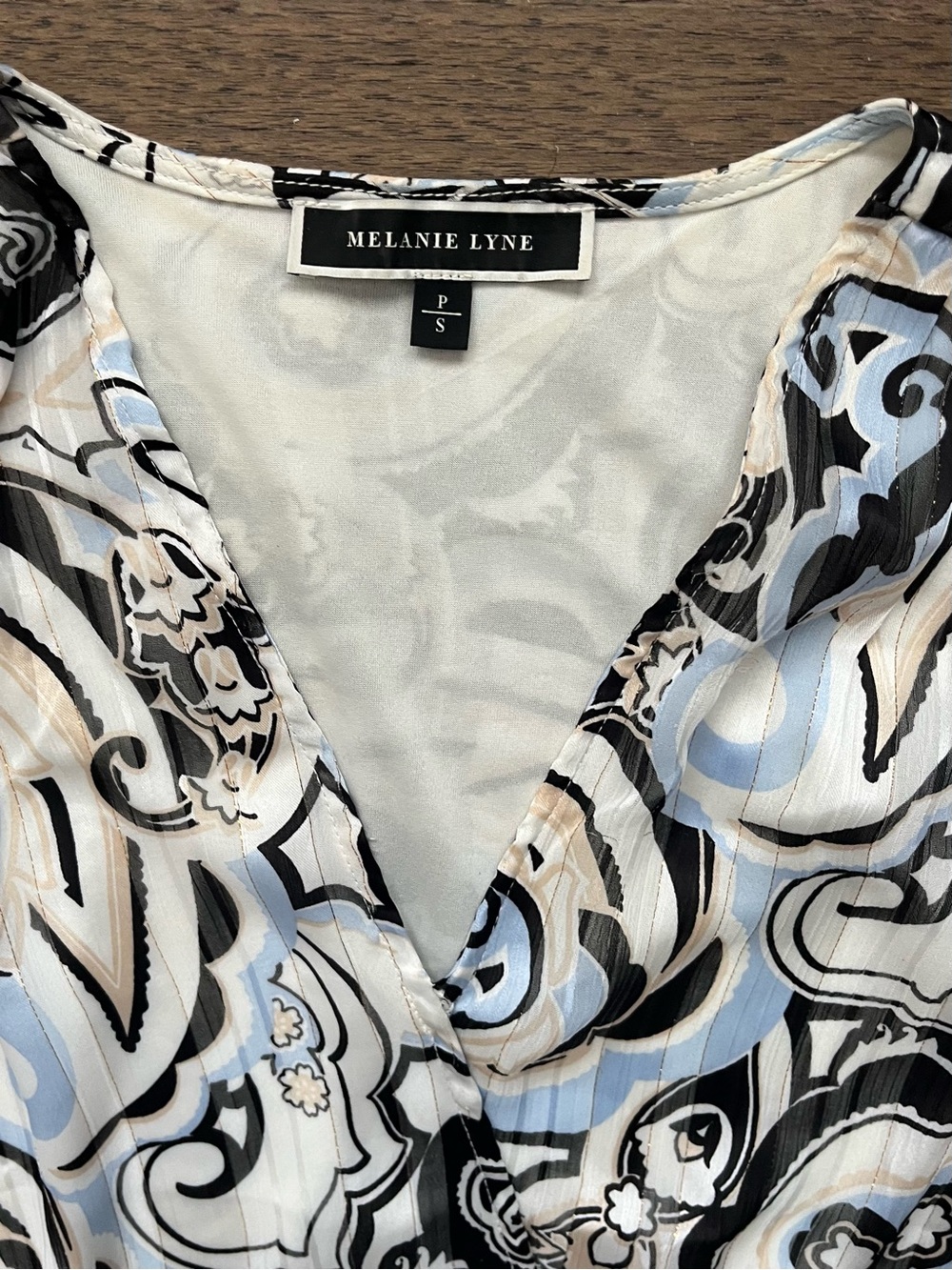 MELANIE LYNE  Sheer Paisley Smocked Blouse – Petite Small - Picture 8 of 13